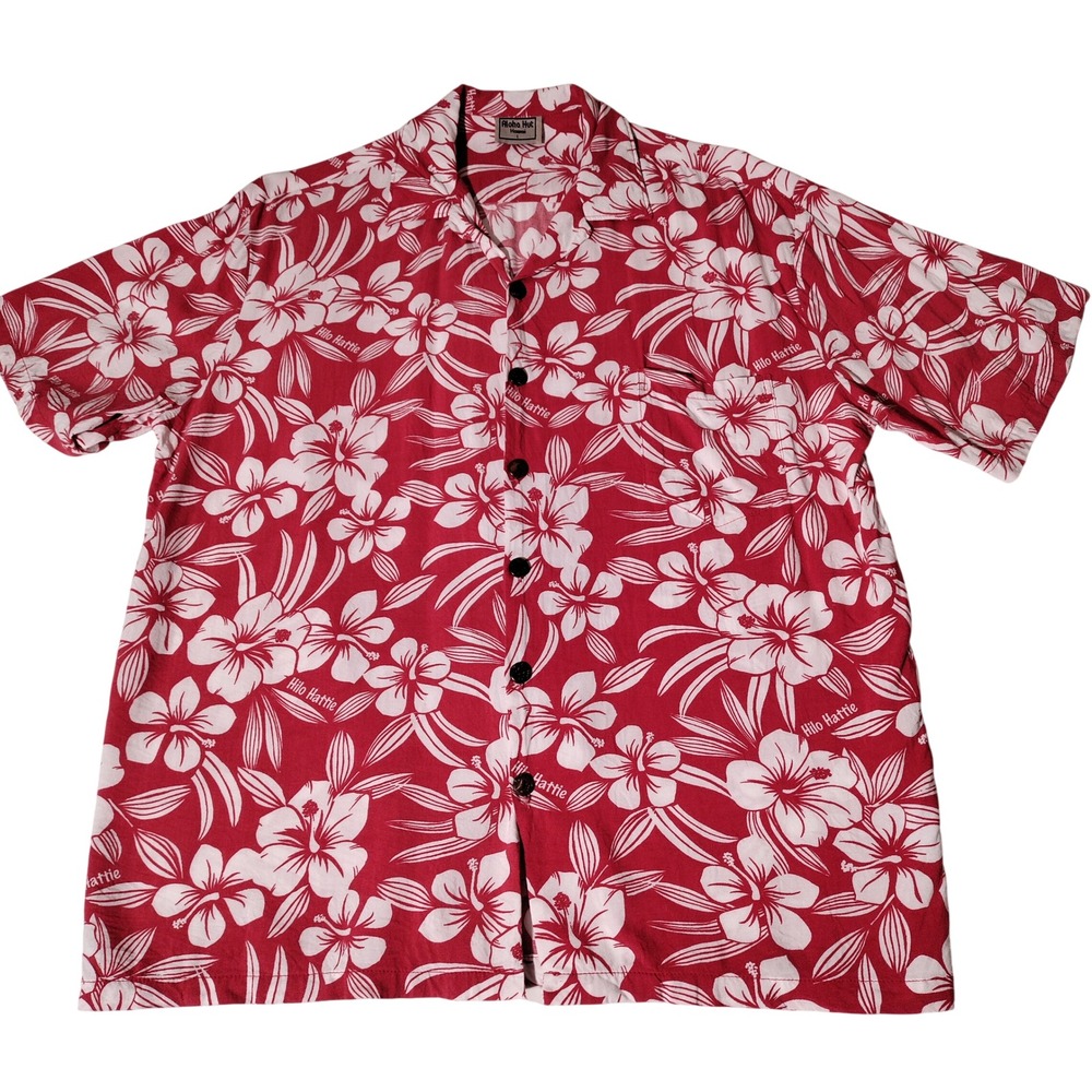 Aloha Hut tribute to Hilo Hattie Mens Red White Hibiscus Floral Rayon Shirt Sz L